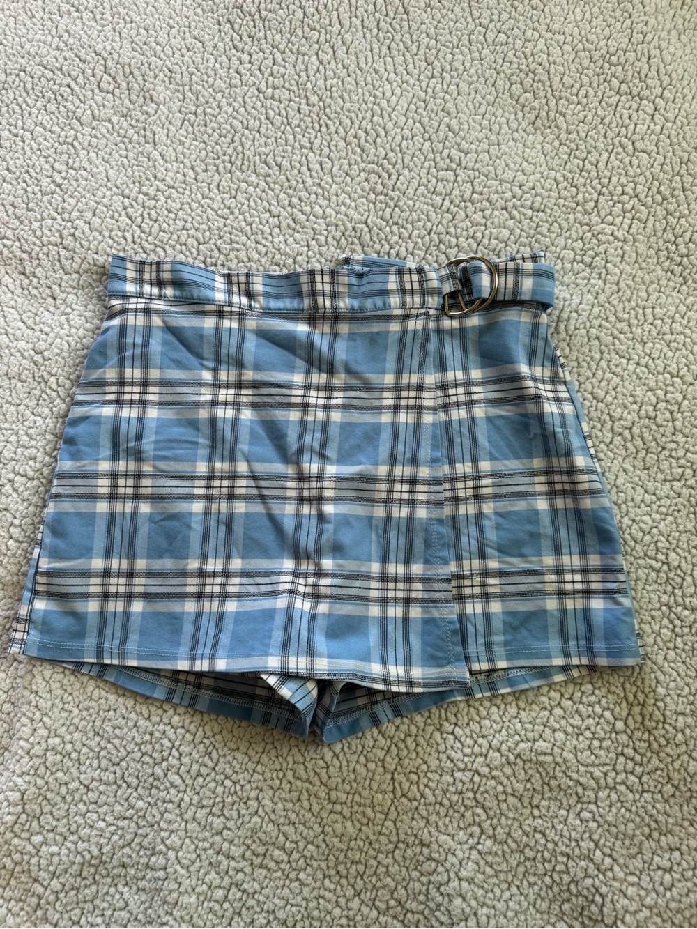 Plaid Wrap-Style High-Waist Women’s Skort in Light Blue